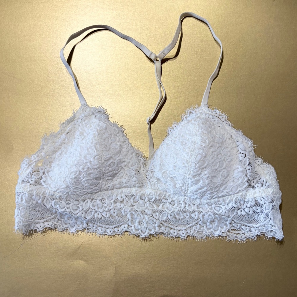 Aerie White Eyelash Lace Bralette XS Racerback T-Strap Floral Wireless Bra